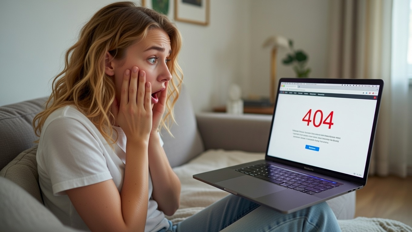 Woman with shocked face looking at a laptop displaying a 404 error instead of her website